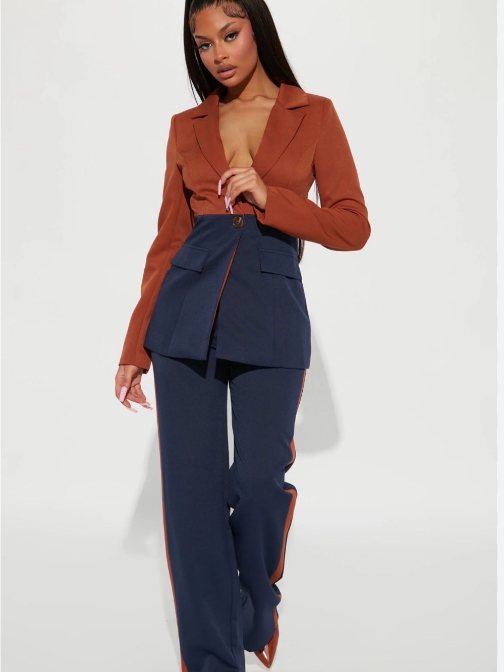 Tailored Two-Tone Blazer Jumpsuit - Rust & Navy